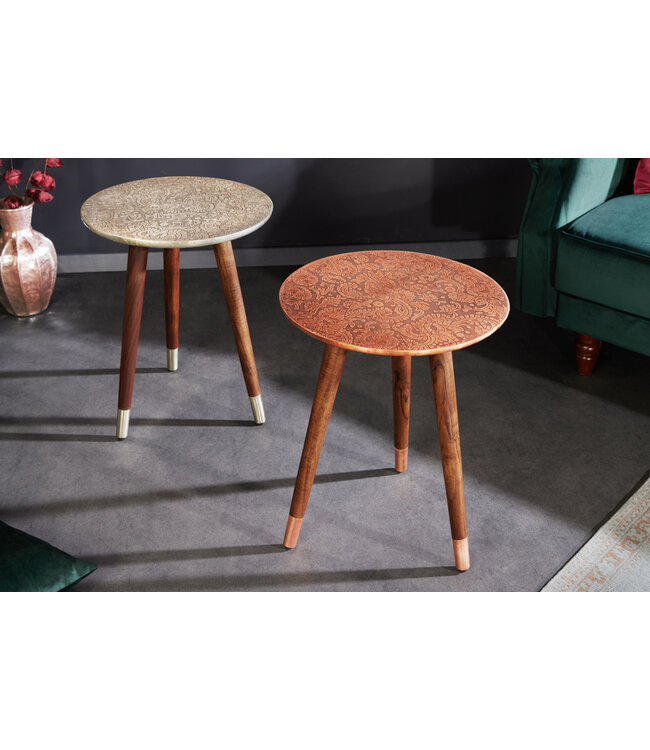 Invicta Interior Design bijzettafel ALCAZAR 50cm antiek koper metaal acacia handgemaakt rond - 43354