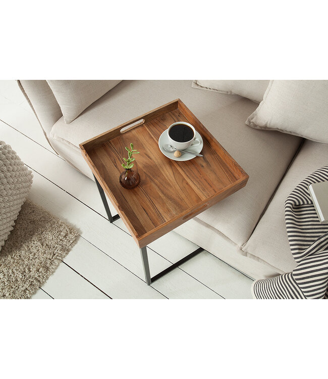 Invicta Interior Design bijzettafel CIANO 40cm massief acaciahout zwarte dienbladtafel - 39518