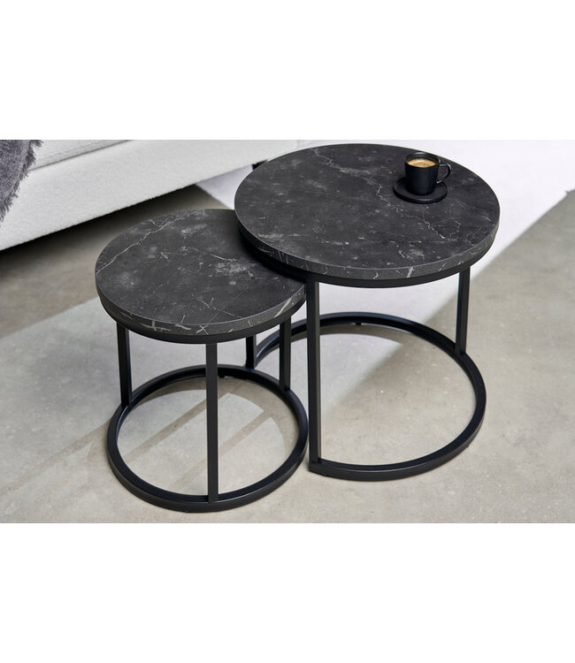 Invicta Interior Set van 2 bijzettafels ELEGANCE 45cm zwart marmeren design metalen frame rond - 43644