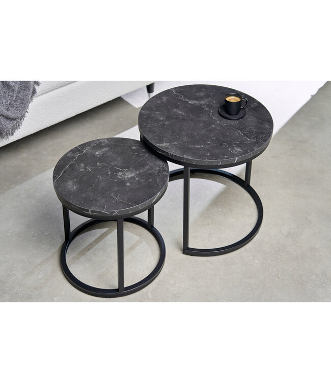 Invicta Interior Set van 2 bijzettafels ELEGANCE 45cm zwart marmeren design metalen frame rond - 43644