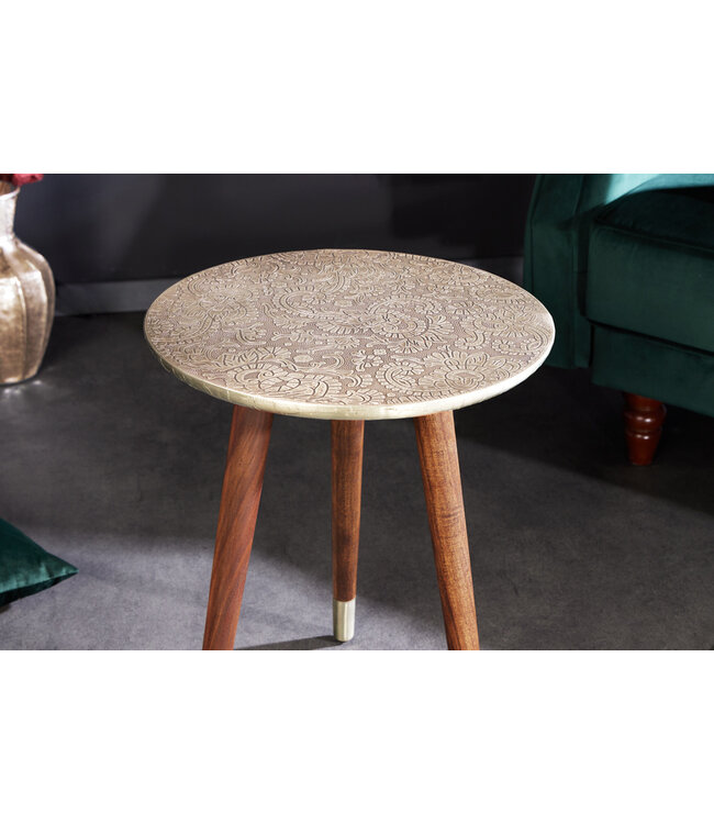 Invicta Interior Design bijzettafel ALCAZAR 50cm antiek zilver metaal acacia handgemaakt rond - 43353