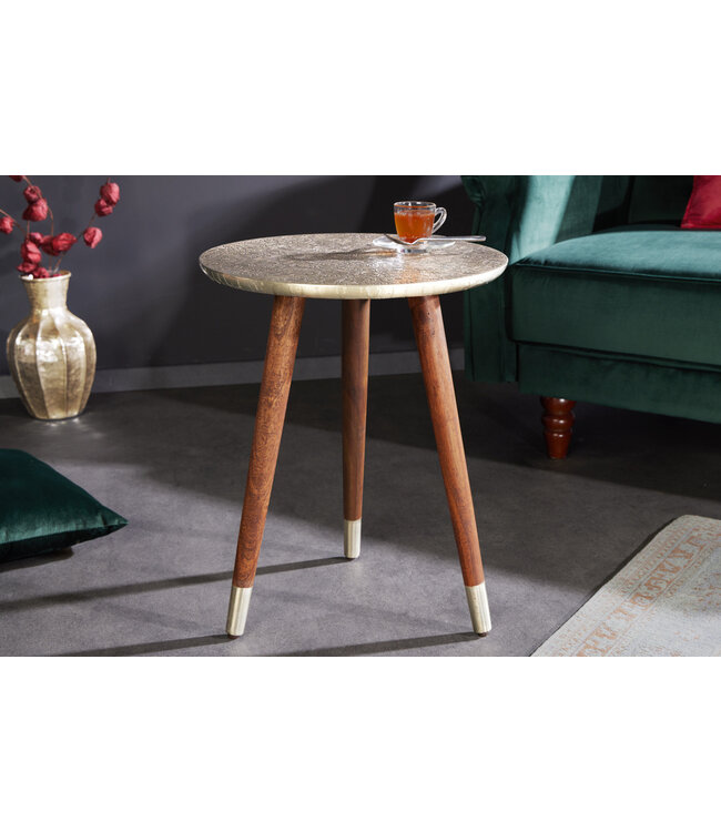 Invicta Interior Design bijzettafel ALCAZAR 50cm antiek zilver metaal acacia handgemaakt rond - 43353