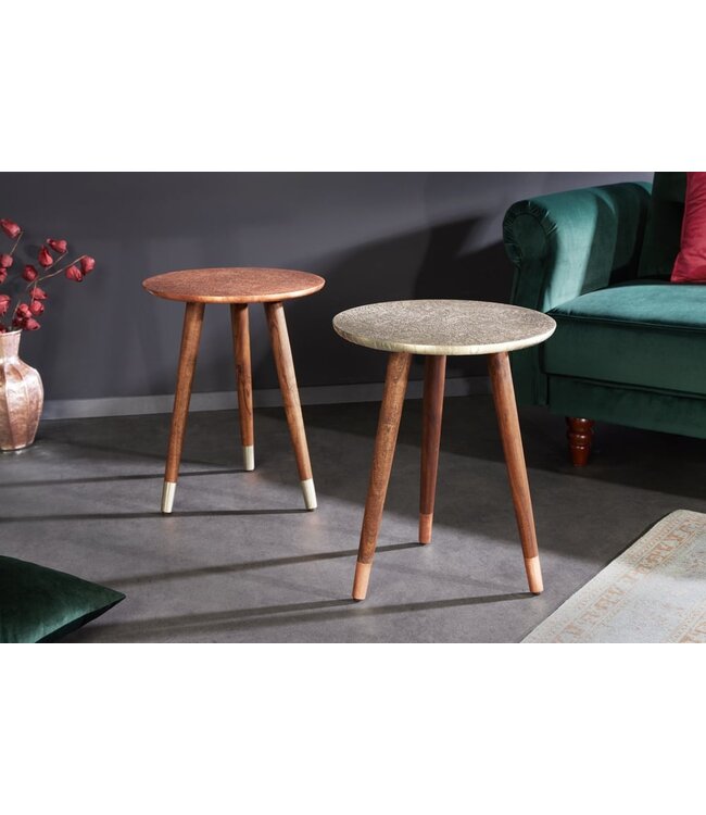 Invicta Interior Design bijzettafel ALCAZAR 50cm antiek zilver metaal acacia handgemaakt rond - 43353