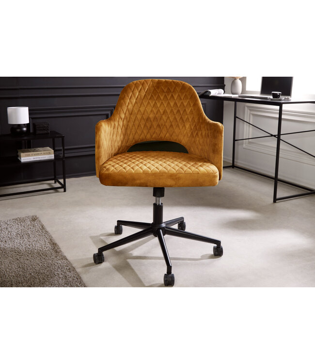 Invicta Interior In hoogte verstelbare bureaustoel PARIS mosterdgeel fluweel zwarte armleuningen draaistoel - 43684