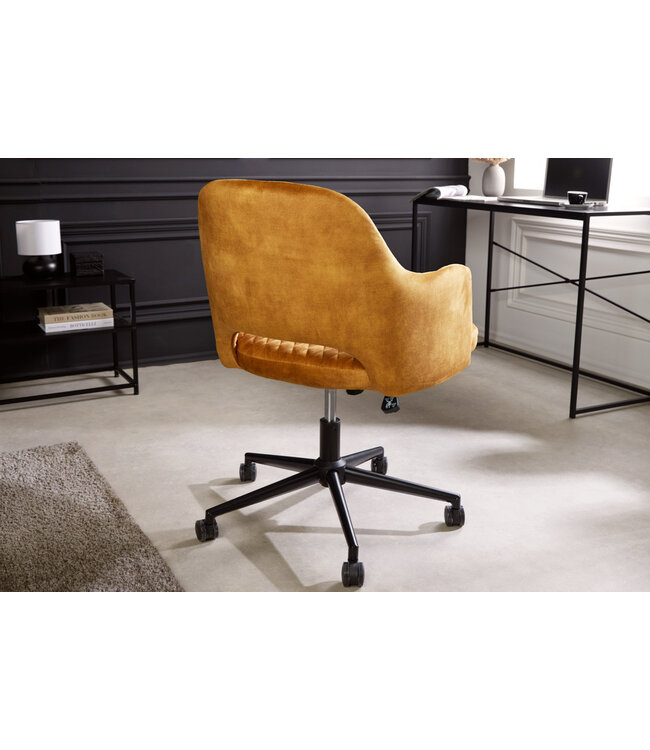 Invicta Interior In hoogte verstelbare bureaustoel PARIS mosterdgeel fluweel zwarte armleuningen draaistoel - 43684