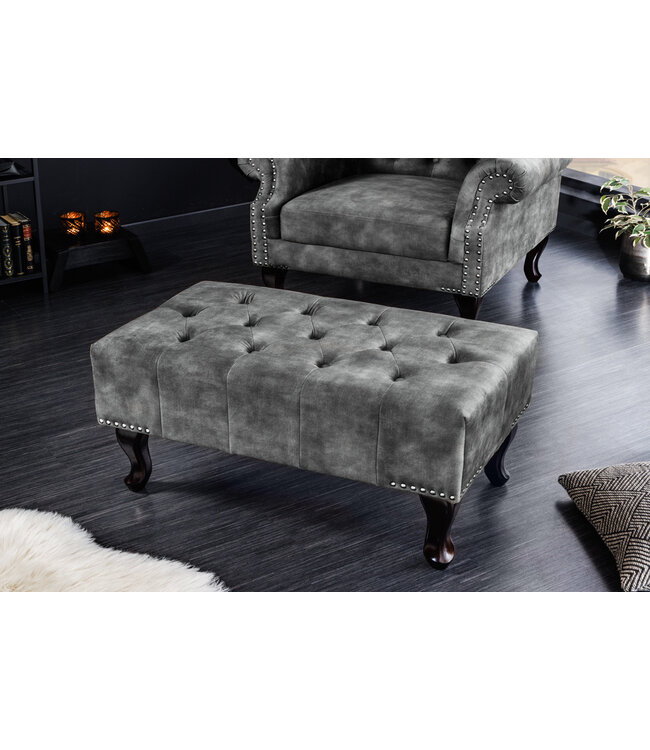 Invicta Interior Design kruk CHESTERFIELD 80cm grijs fluwelen knoopstiksel klinknagelrand - 43521