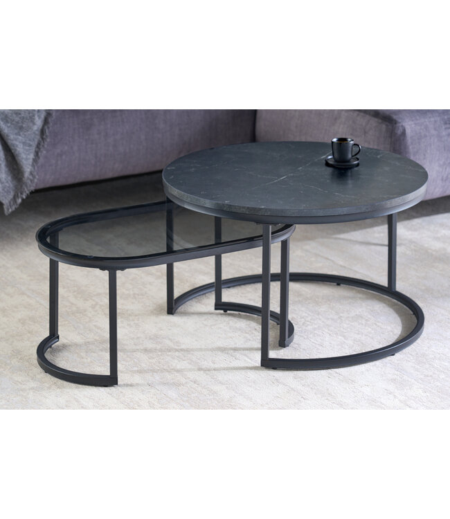 Invicta Interior Design salontafel set van 2 ELEGANCE 70cm zwart grijs marmer metalen frame - 43641