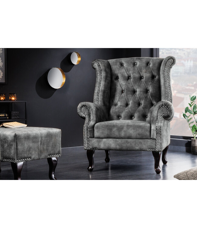 Invicta Interior Design vleugelfauteuil CHESTERFIELD 105cm grijs fluweel zilver klinknagels veerkern - 43520