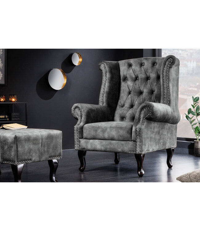 Invicta Interior Design vleugelfauteuil CHESTERFIELD 105cm grijs fluweel zilver klinknagels veerkern - 43520