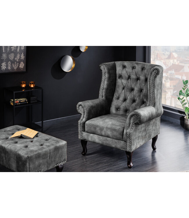 Invicta Interior Design vleugelfauteuil CHESTERFIELD 105cm grijs fluweel zilver klinknagels veerkern - 43520