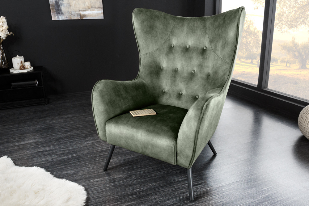 XL fauteuil AMSTERDAM groen fluweel zwart metalen poten retro stijl - 43569