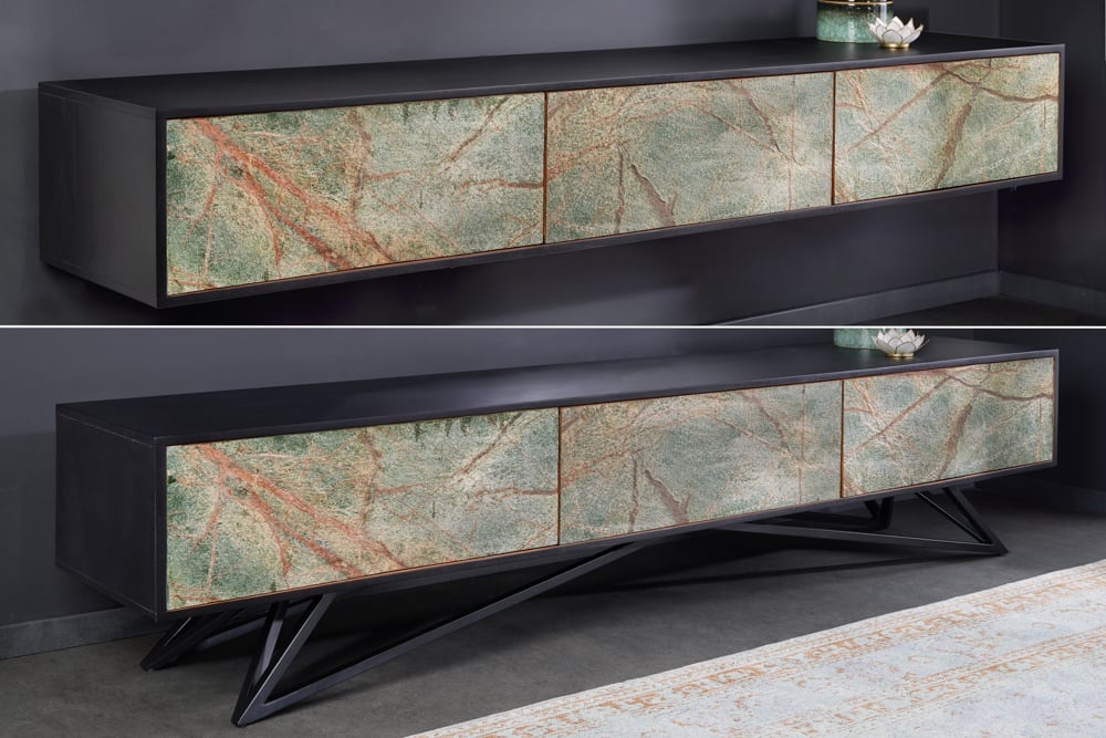 Massief houten TV-lowboard MOUNTAIN SOUL 200cm echte natuursteen acacia zwart hangend/staand - 43483