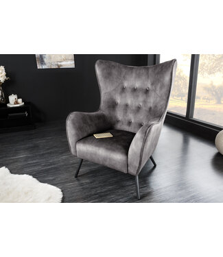 Invicta Interior Design XL fauteuil AMSTERDAM grijs fluweel zwart metalen poten retrostijl - 43567