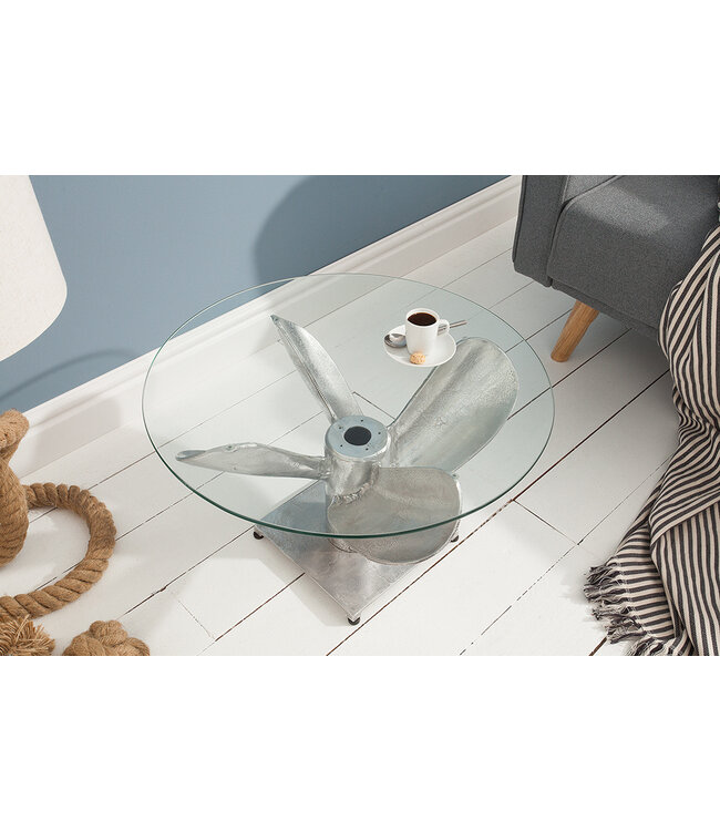 Invicta Interior Maritieme salontafel OCEAN M 60cm antiek zilver rond scheepspropeller glazen blad - 39089