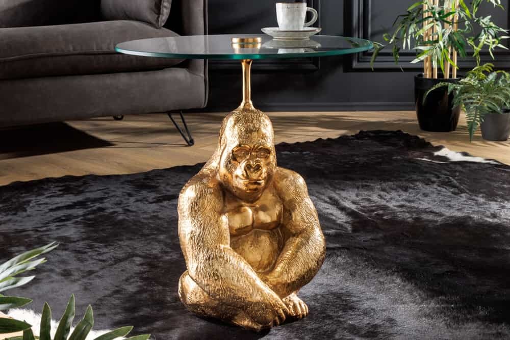 Ronde bijzettafel KONG 50cm goudkleurig metalen glazen aapfiguur gorilla sculptuur - 43203