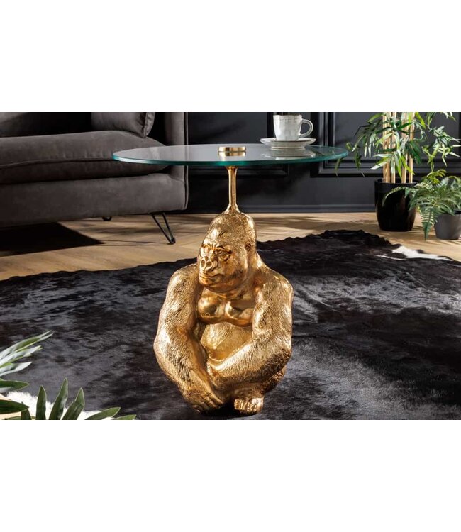 Invicta Interior Ronde bijzettafel KONG 50cm goudkleurig metalen glazen aapfiguur gorilla sculptuur - 43203