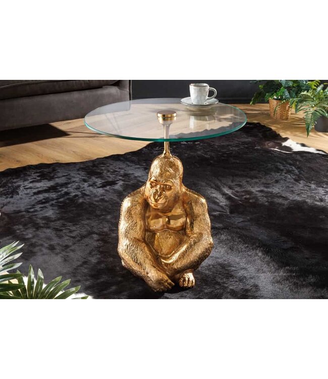Invicta Interior Ronde bijzettafel KONG 50cm goudkleurig metalen glazen aapfiguur gorilla sculptuur - 43203