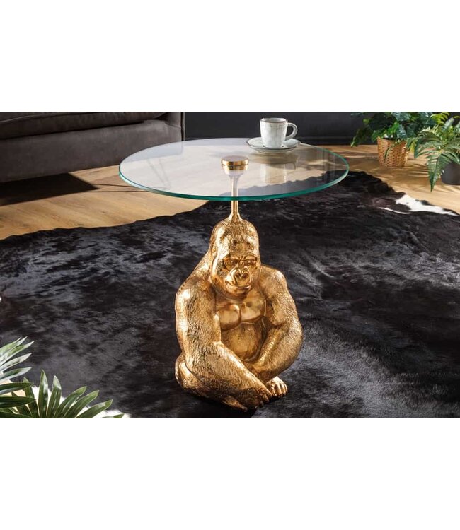 Ronde Bijzettafel KONG 50cm Goudkleurig Metalen Glazen Aapfiguur Ronde Bijzettafel KONG 50cm Goudkleurig Metalen Glazen Aapfiguur