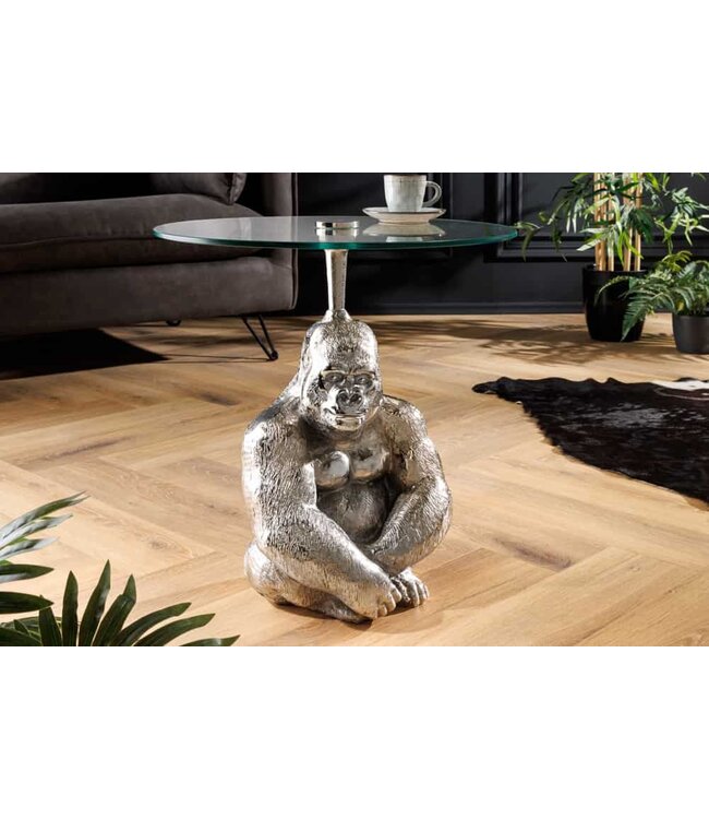 Invicta Interior Ronde bijzettafel KONG 50cm zilverkleurig metalen glazen aapfiguur gorilla sculptuur - 43204