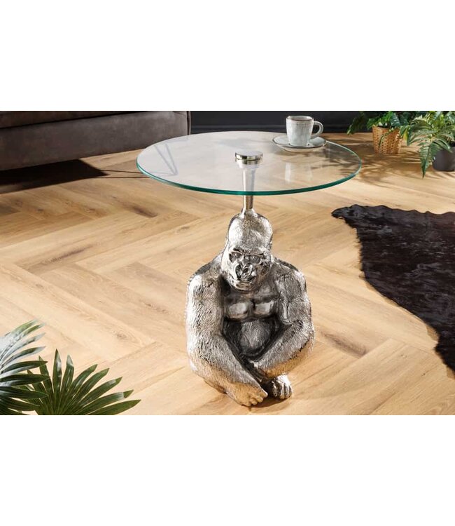 Invicta Interior Ronde bijzettafel KONG 50cm zilverkleurig metalen glazen aapfiguur gorilla sculptuur - 43204