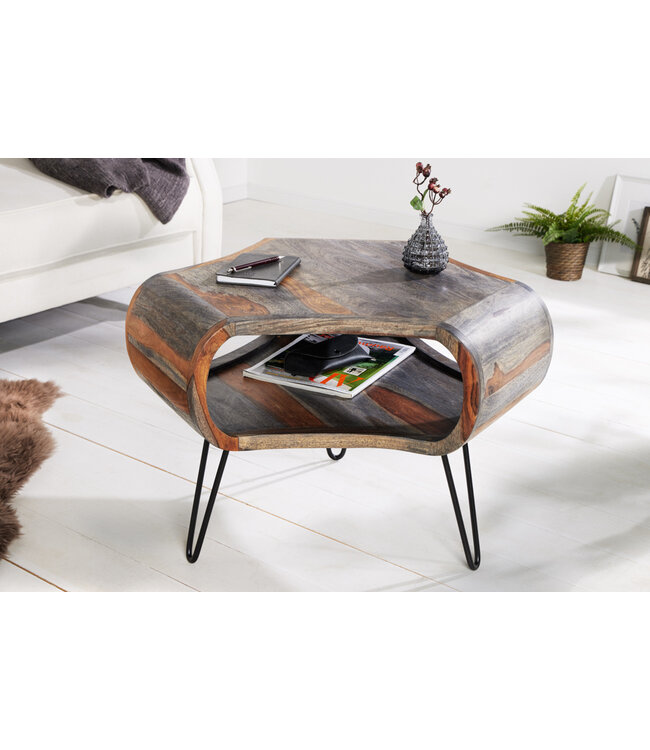 Invicta Interior Retro salontafel ORGANIC LIVING 70cm grijs massief sheeshamhout met opbergruimte Hairpin Poten - 43710