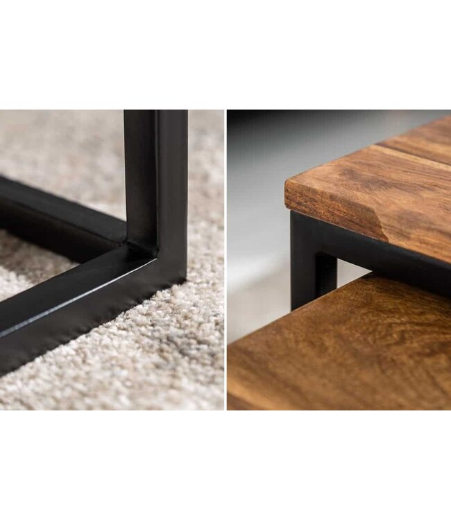 Invicta Interior Set van 2 salontafels ELEMENTS 65cm naturel sheesham massief hout steenafwerking ijzer zwart - 43711
