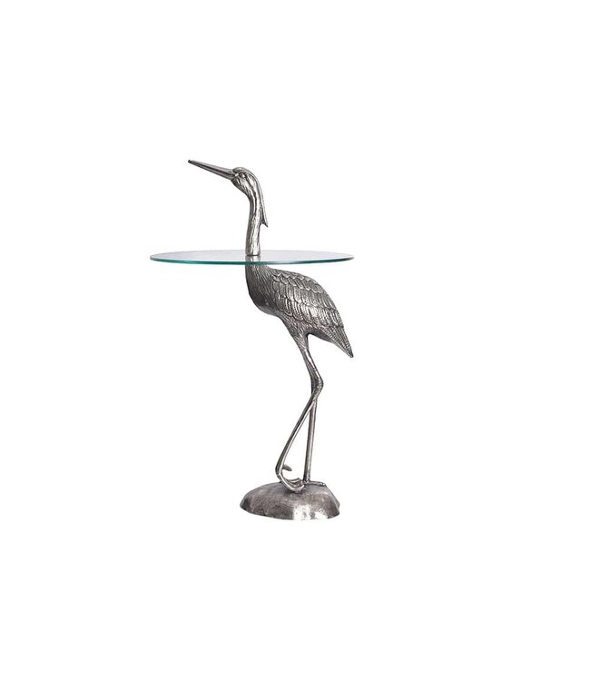 Invicta Interior Ronde bijzettafel WILDLIFE HERON 90cm zilveren metalen glazen reigersculptuur handgemaakt - 43514