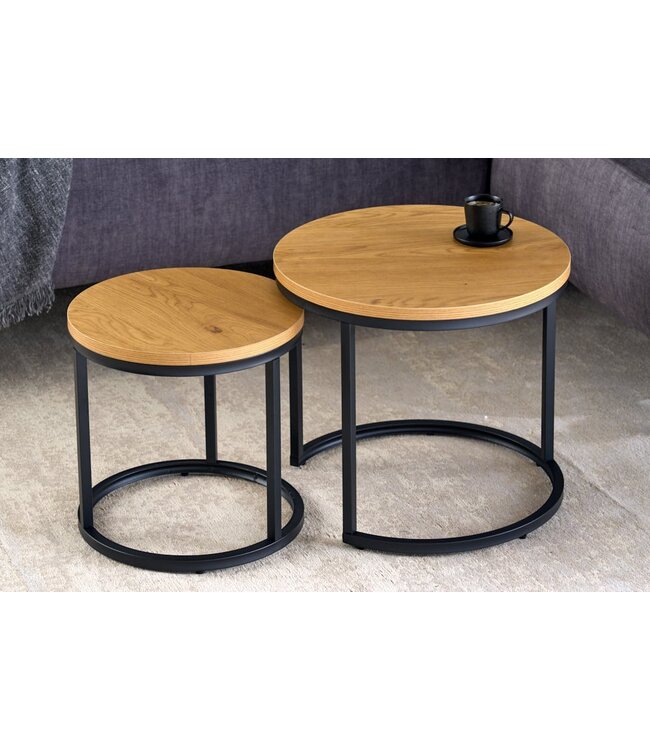 Invicta Interior Ronde bijzettafels set van 2 ELEGANCE 45cm natuurlijk wild eiken design hout zwart metalen frame - 43643