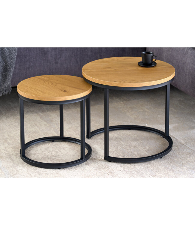 Invicta Interior Ronde bijzettafels set van 2 ELEGANCE 45cm natuurlijk wild eiken design hout zwart metalen frame - 43643