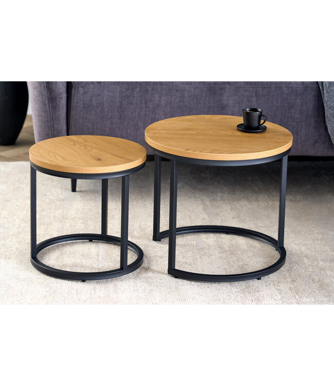 Invicta Interior Ronde bijzettafels set van 2 ELEGANCE 45cm natuurlijk wild eiken design hout zwart metalen frame - 43643