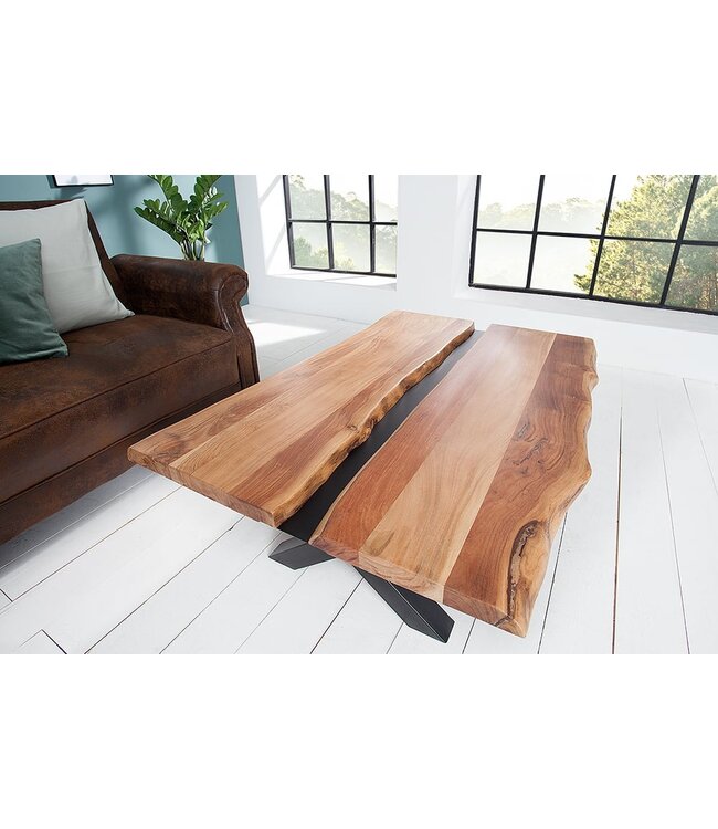 Invicta Interior Massief houten salontafel AMAZONAS 105cm acacia zwart metalen X-frame boomrand levende rand - 43712