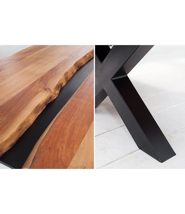 Invicta Interior Massief houten salontafel AMAZONAS 105cm acacia zwart metalen X-frame boomrand levende rand - 43712