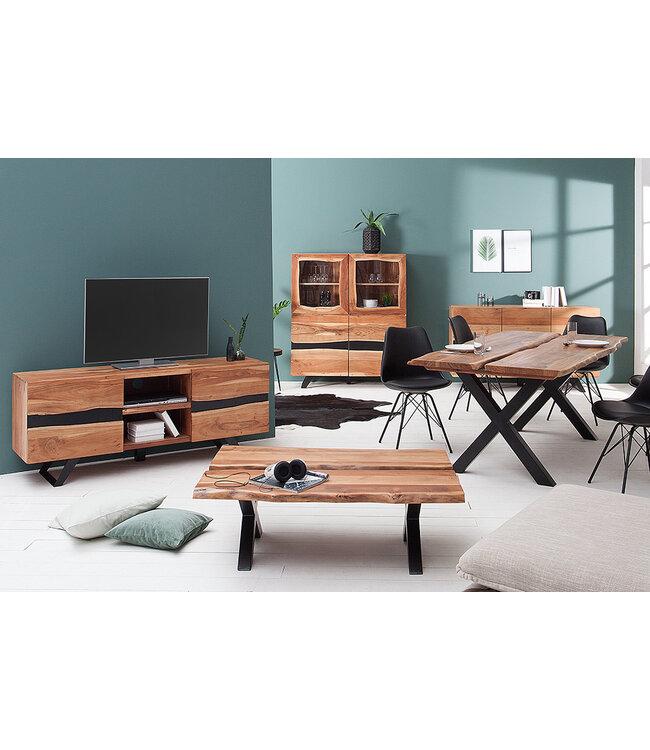 Invicta Interior Massief houten salontafel AMAZONAS 105cm acacia zwart metalen X-frame boomrand levende rand - 43712