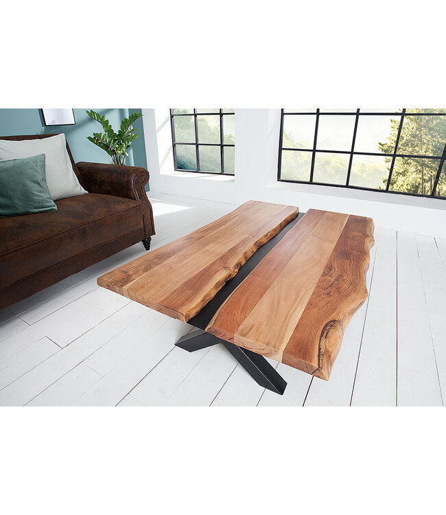 Invicta Interior Massief houten salontafel AMAZONAS 105cm acacia zwart metalen X-frame boomrand levende rand - 43712