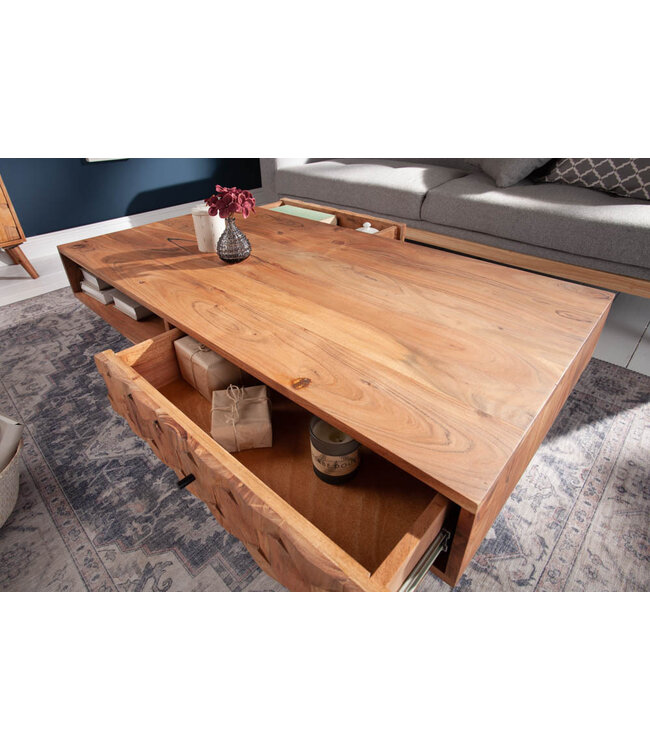Invicta Interior Massief houten salontafel MYSTIC LIVING 100cm naturel acacia met opbergruimte lades opbergvak - 43714