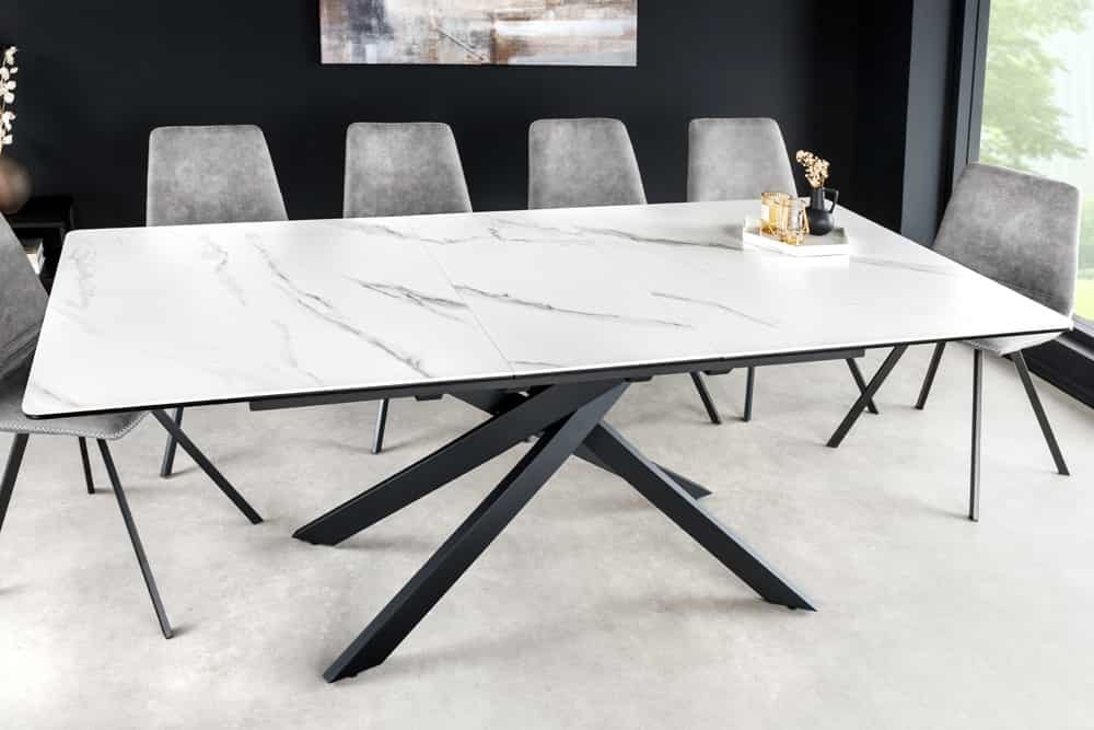 Uitschuifbare eettafel ALPINE 160-200cm wit keramiek marmer zwart metalen frame - 43844