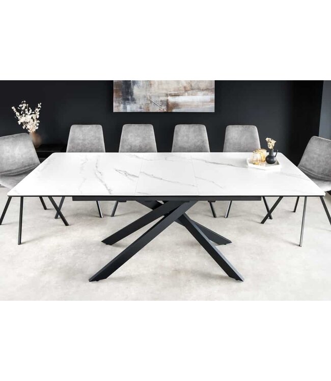 Invicta Interior Uitschuifbare eettafel ALPINE 160-200cm wit keramiek marmer zwart metalen frame - 43844