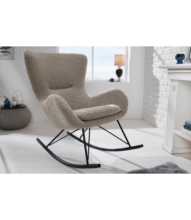 Invicta Interior Design schommelstoel SCANDINAVIA SWING champagne greige Bouclé fauteuil zwart metaal - 44149