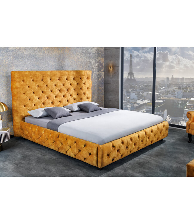 Invicta Interior Queensize tweepersoonsbed PARIS 160x200cm mosterdgeel fluweel Chesterfield design - 41642