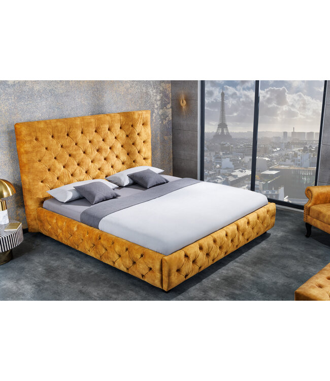 Invicta Interior Queensize tweepersoonsbed PARIS 160x200cm mosterdgeel fluweel Chesterfield design - 41642