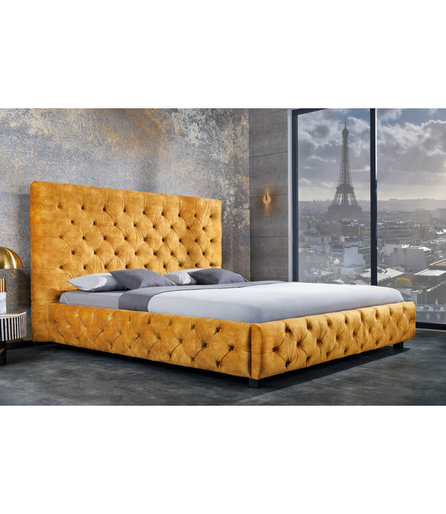 Invicta Interior Queensize tweepersoonsbed PARIS 160x200cm mosterdgeel fluweel Chesterfield design - 41642