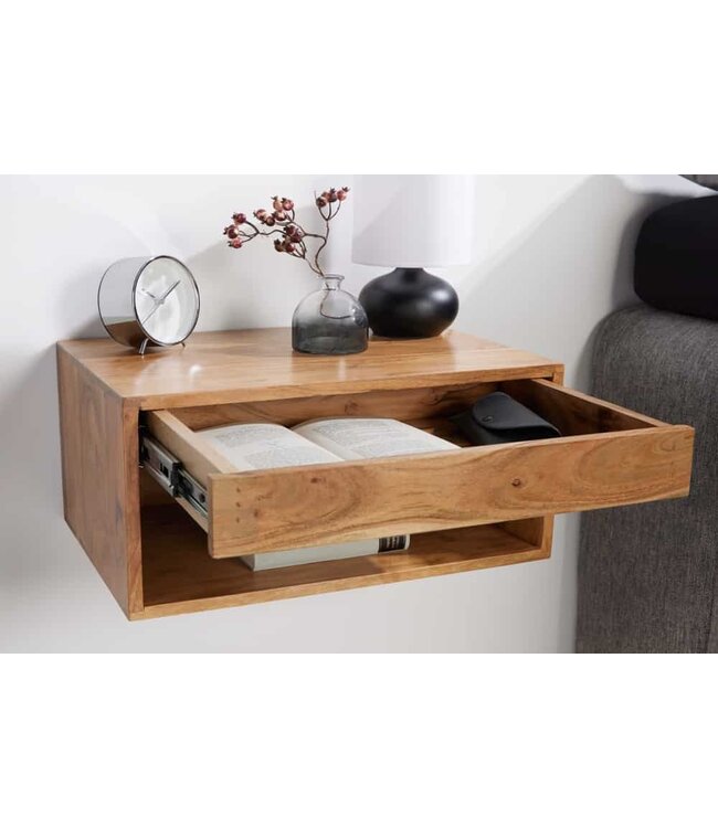 Invicta Interior Hangend nachtkastje AMAZONAS 50 cm lichtbruin acacia massief houten plank met lade - 43934