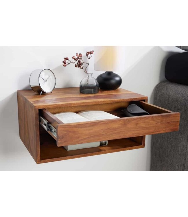 Invicta Interior Hangend nachtkastje PURE 50 cm bruin sheesham massief houten plank met lade - 43943