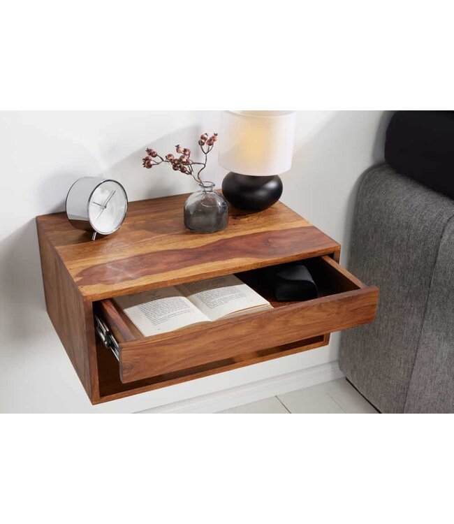 Invicta Interior Hangend nachtkastje PURE 50 cm bruin sheesham massief houten plank met lade - 43943