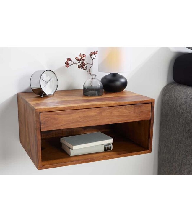 Invicta Interior Hangend nachtkastje PURE 50 cm bruin sheesham massief houten plank met lade - 43943