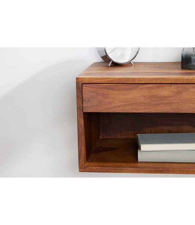 Invicta Interior Hangend nachtkastje PURE 50 cm bruin sheesham massief houten plank met lade - 43943