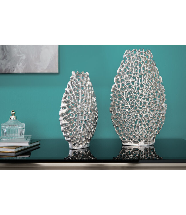 Invicta Interior Filigraan vazen set van 2 ABSTRACT LEAF 40cm zilveren metalen handgemaakte bloemenvaas - 43189