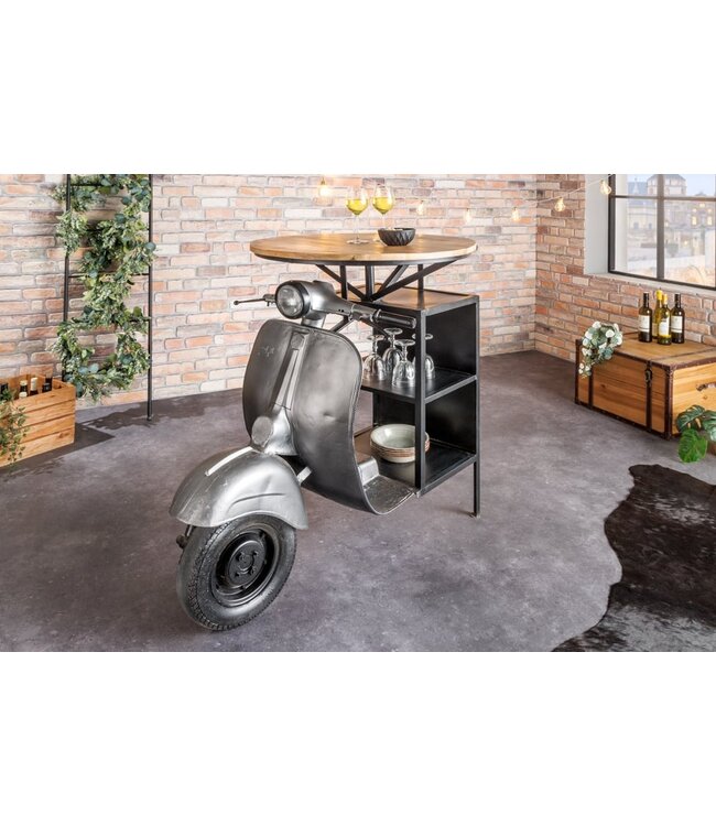 Invicta Interior Vintage bartafel UPCYCLING SCOOTER 120cm zilver mangohout rond handgemaakt - 43596