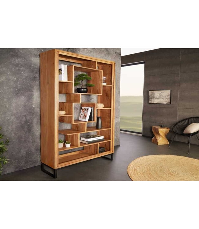 Invicta Interior Massief houten boekenkast CUBUS 190 cm acaciahoningafwerking metalen poten zwarte staande plank - 43742