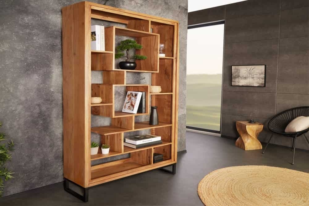 Massief houten boekenkast CUBUS 190 cm acaciahoningafwerking metalen poten zwarte staande plank - 43742